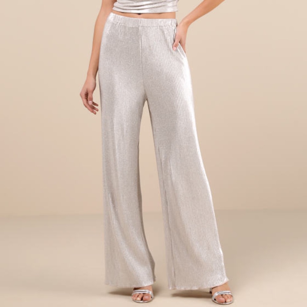 Lulus Spectacular Shimmer Champagne Lurex Plisse Wide-leg Pants Gold - Size L